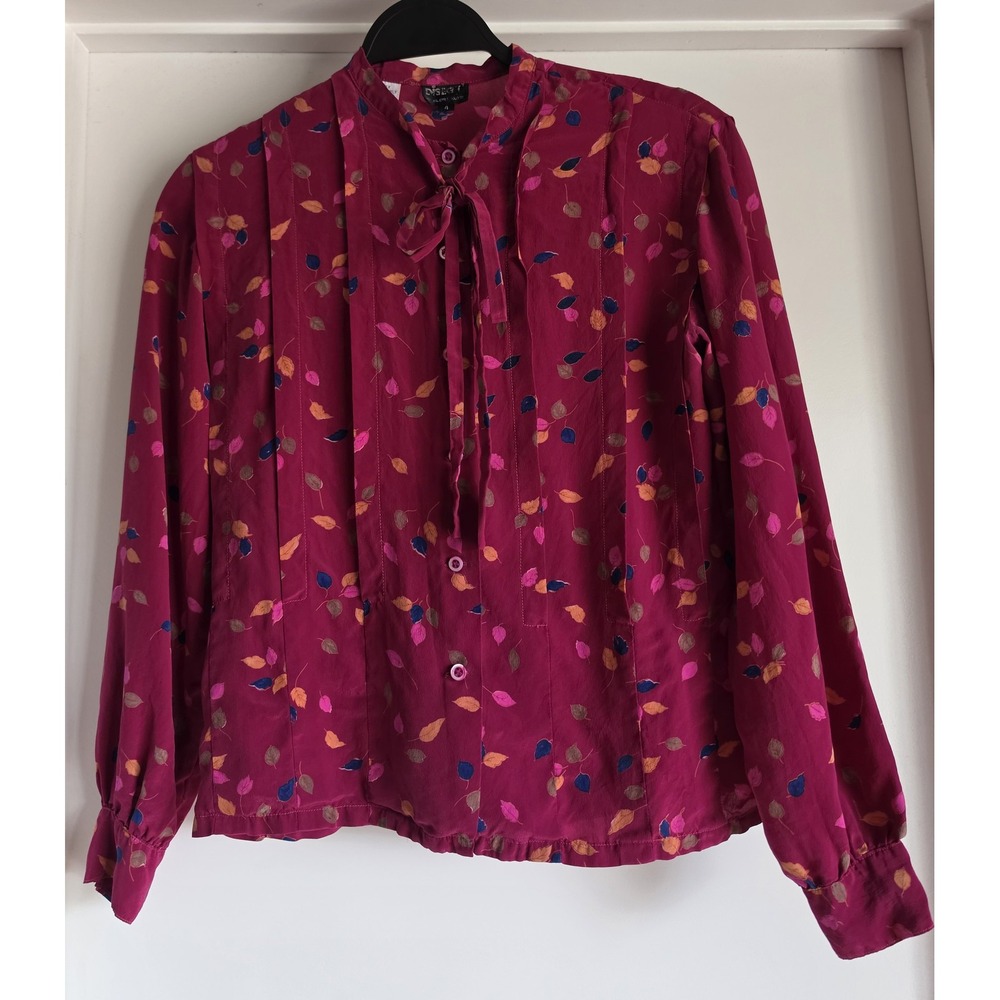 Disegni Silk Blouse Size 4 Pink Collared Long Sleeve Leaf Pattern Vintage Top